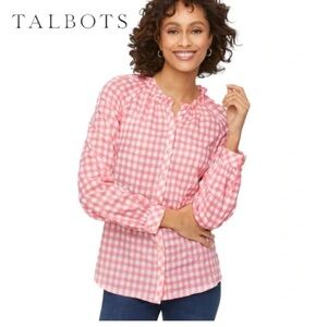 Talbots Pink and White Plaid Ruffled Button Down Shirt, Size M